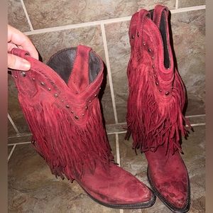 Well worn Liberty Black Fringe Cowboy Boots